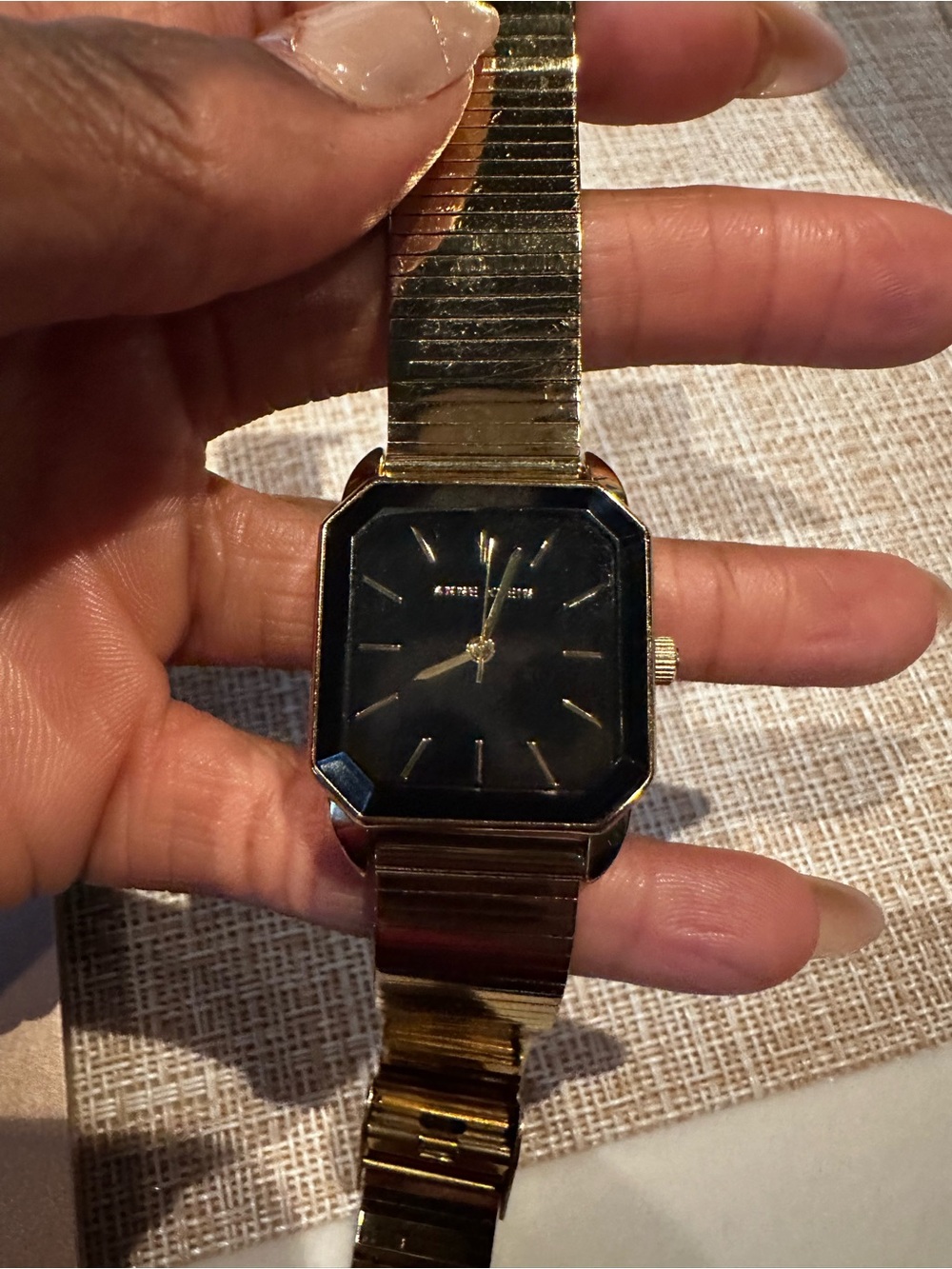 Gold-Tone Square Face Wristwatch with Black Dial